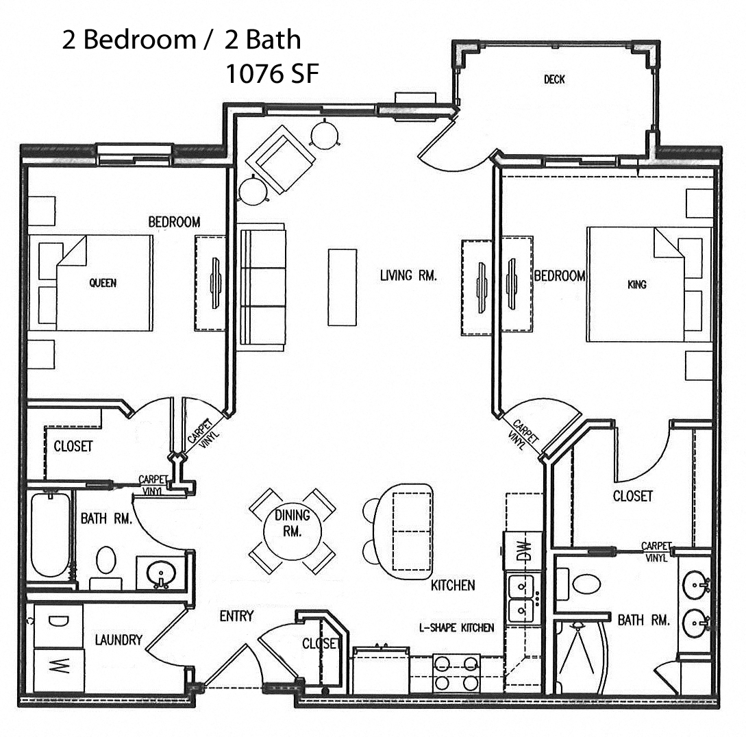 Floor plan for 2 beds, 2 baths, 1077 sqft